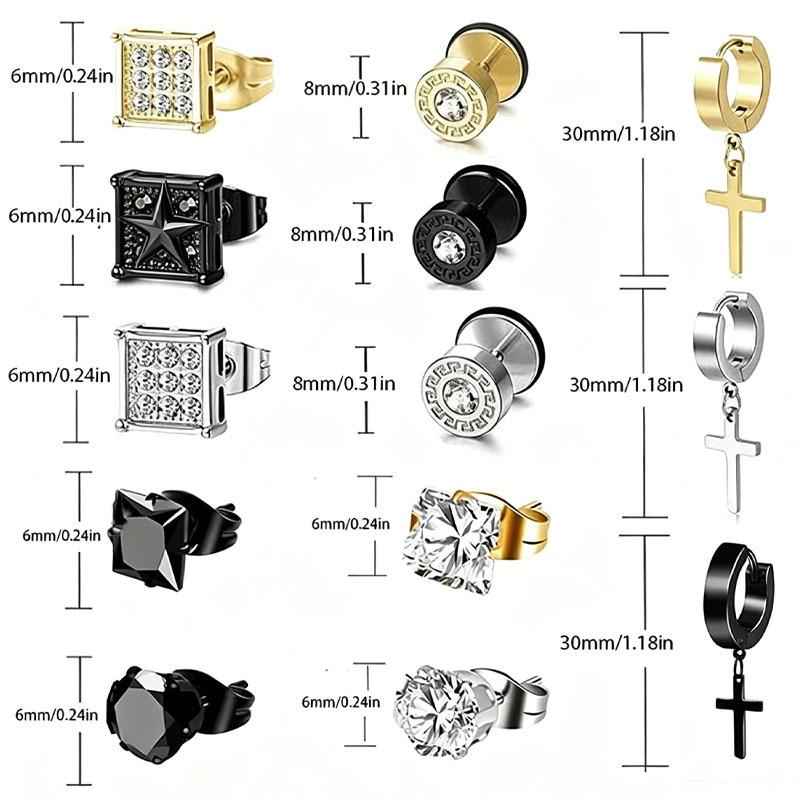 15-teiliges Edelstahl-Ohrring-Set: Runde, Quadratische, 3A Zirkon Stecker & Kreuz Anhänger Ohrringe für Männer & Frauen.