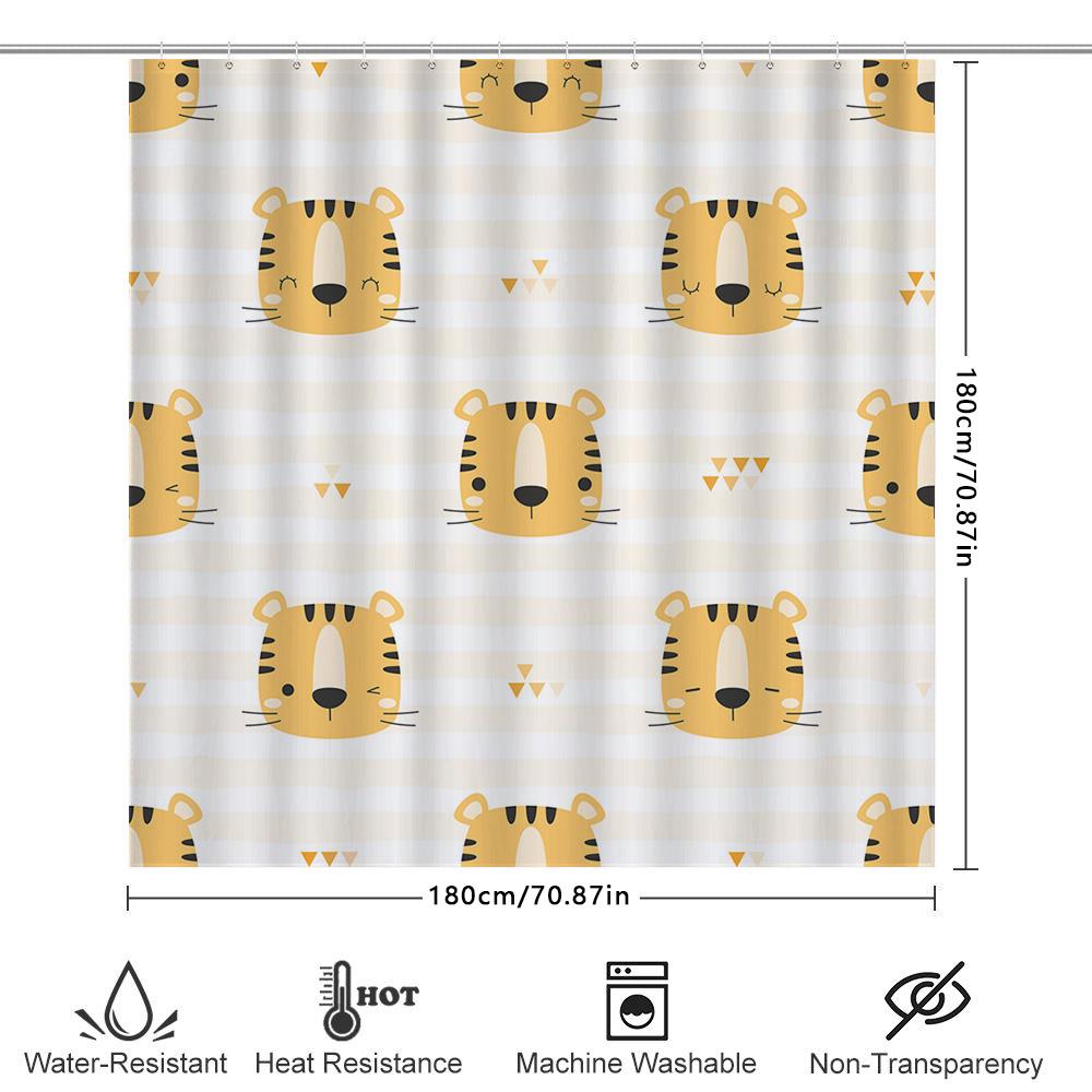 Modern Cartoon Tiger Bath Shower Curtain Kids Bathroom Decor Waterproof Printed Fabric For Home Decoration White Yellow Stripe