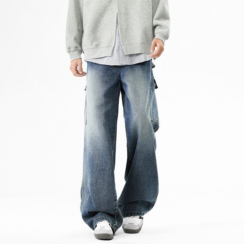 American High Street Trendy Brand Big Pocket Tooling Jeans Men's Trend Loose Wide Leg Drape Straight Trousers Men