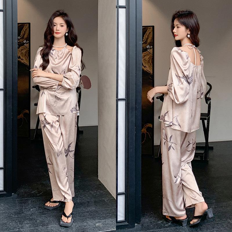 Spring and Summertime Latest Ice Silk Pajamas for Women, Silk Chinese Style Luxury Long-sleeved Trousers Pajamas Set