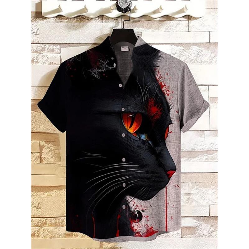 Men's short-sleeved shirt with a fun cat print, stand-up collar, single-breasted casual style. Hawaiian shirt, men's unique top.