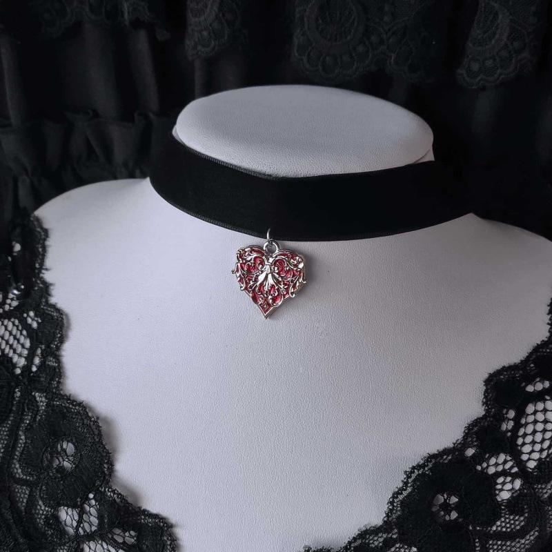 Gothic Black Velvet Choker with Heart and Spade Baroque Pattern