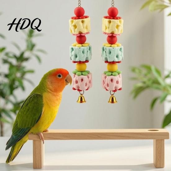 Parrot Enrichment Toy Beak Grinding Stone Bird Chew with Bell And Colorful Beads Toy Cage Accessory for Budgies Cockatiels Small Medium Parrots