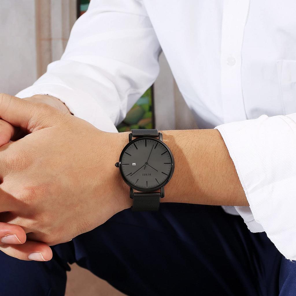 Men's Ultra-Thin Quartz Analog Watch with Date Calendar and Milanese Mesh Band - Dark Gray