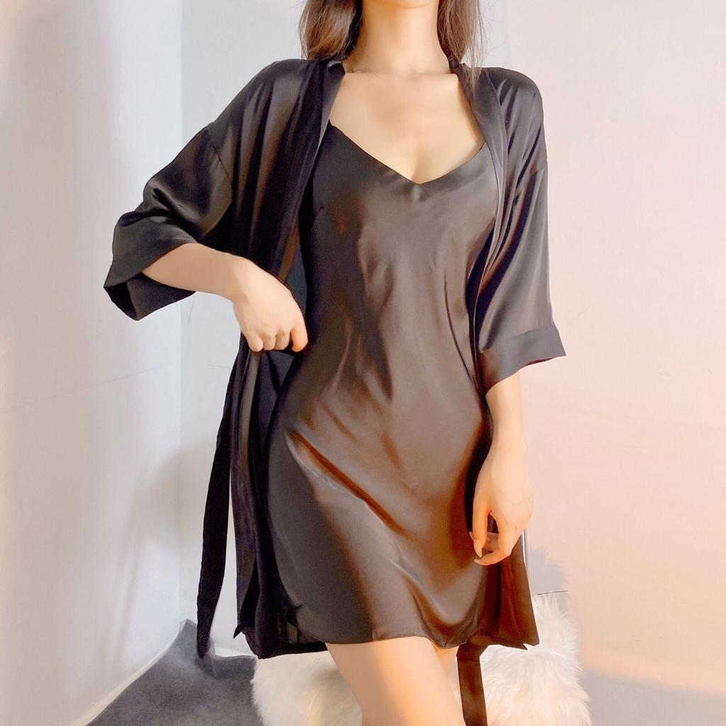 Sexy pajamas women's summer ice silk thin with chest pads, beautiful back nightgown two-piece set, suspender nightdress two-piece set