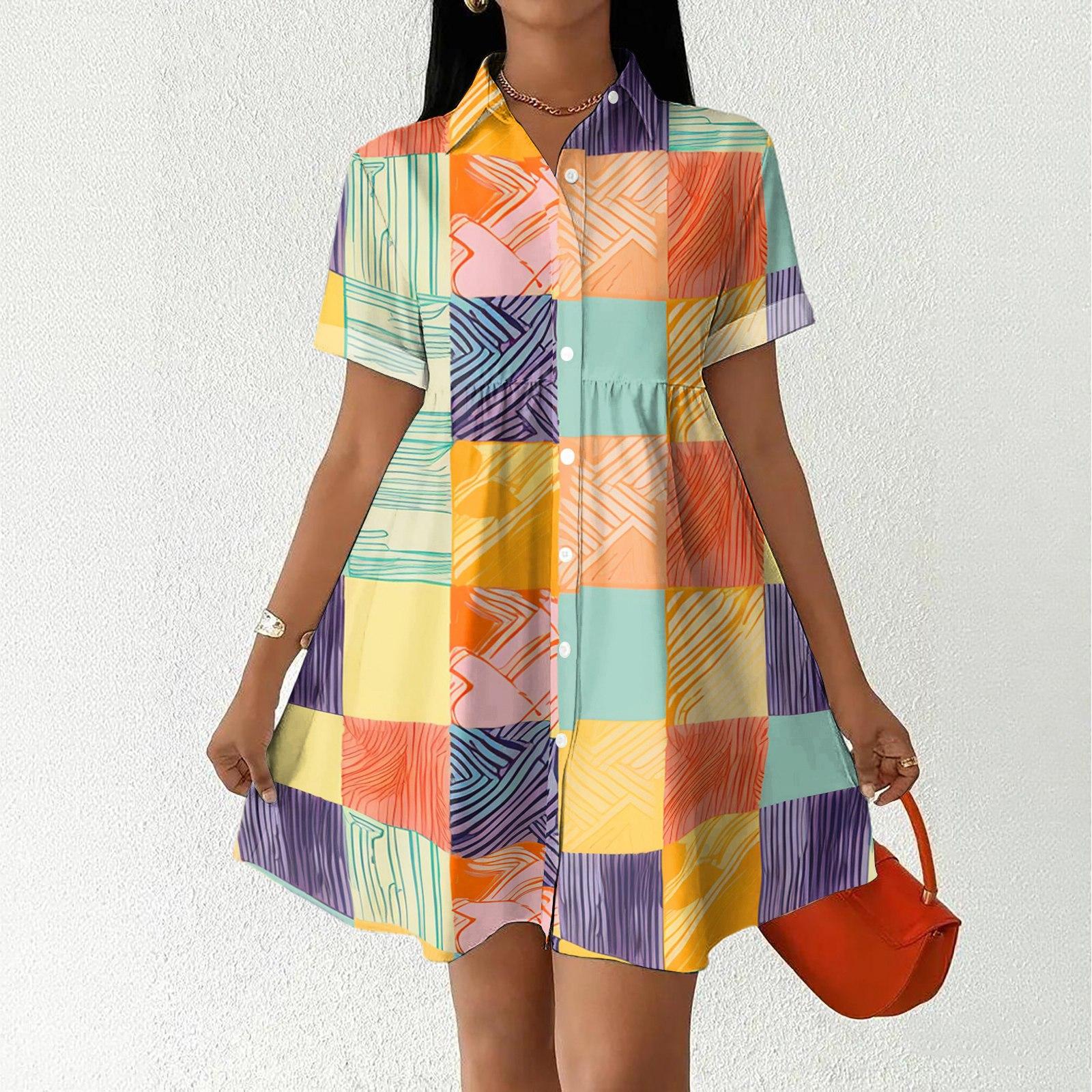 

Women’s Casual Loose Fit Shirt Dress with Button Front Stand Collar Short Sleeve Polka Dot and Stripe Print Design XL помаранчевий