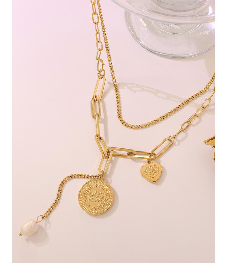 Retro Double-Layer Portrait Pendant Necklace, 18K Gold-Plated Titanium Steel, European & American Design, Clavicle Chain