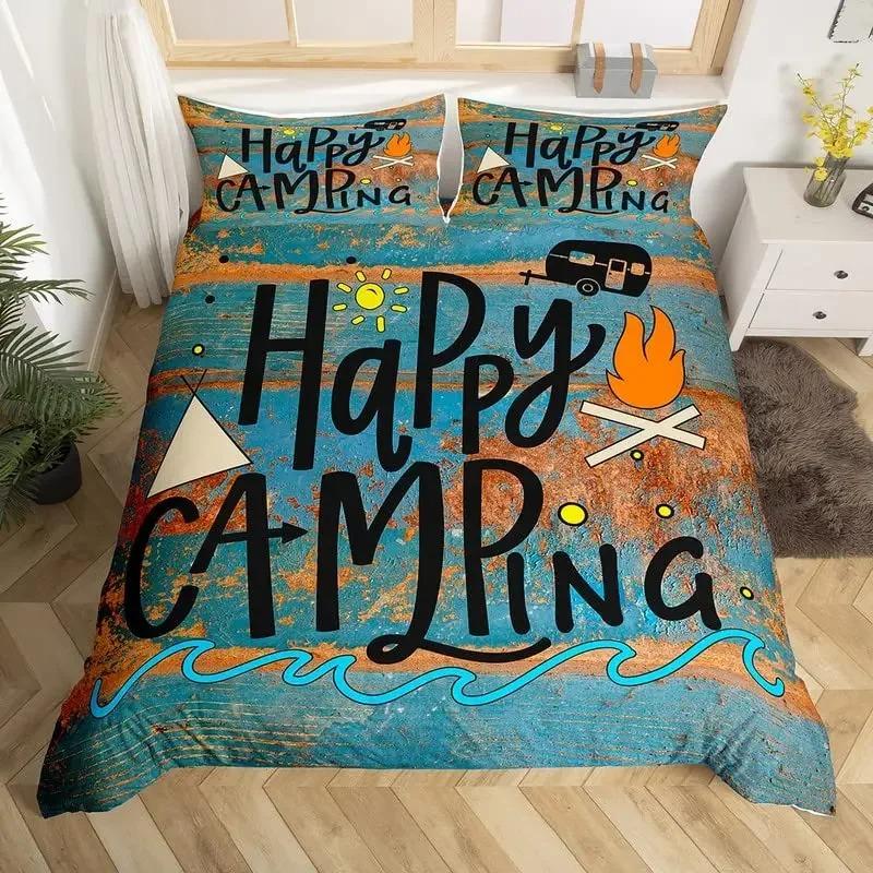 Happy Camping Bedding Set Camper Car Duvet Cover King Queen Microfiber Smoky Mountain Wood Print Quilt Cover Set For Girls Boys