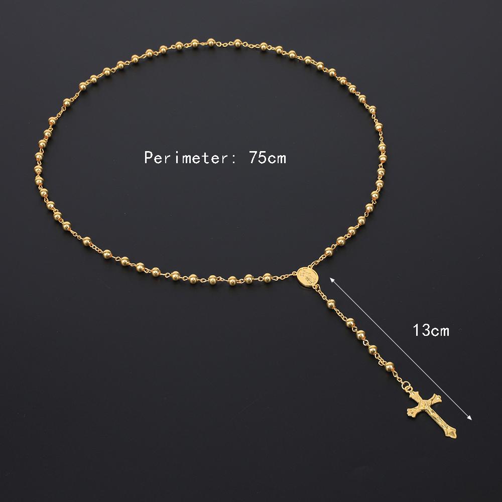 6MM Rosary Necklaces For Women Men Long Gold  Color Chain Crucifix Cross Pendant Necklace Religious Prayer Jewelry Gift
