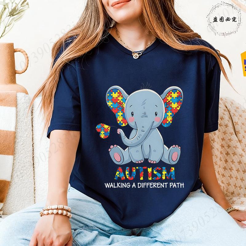 Unisex's Autism Awareness T-shirts: Cute Elephant Puzzle Graphic Tops Walking A Different Path Short Sleeve Autism Support Tees
