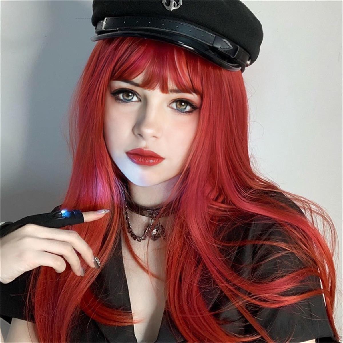 

Fashion Raspberry Red Long Straight Hair Synthetic Wig with Air Bangs High Quality Women s Stylish Wig