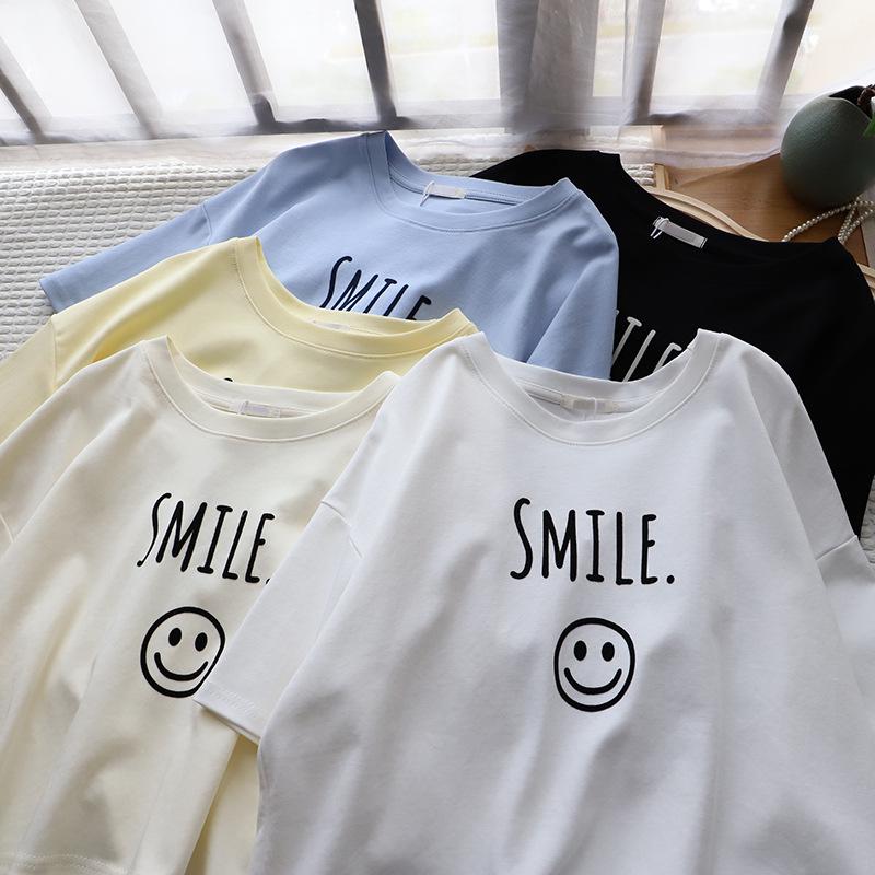 

Women s 2025 Summer Korean Style Loose Fit Smiley Face T-Shirt One Size кремовый/жёлтый