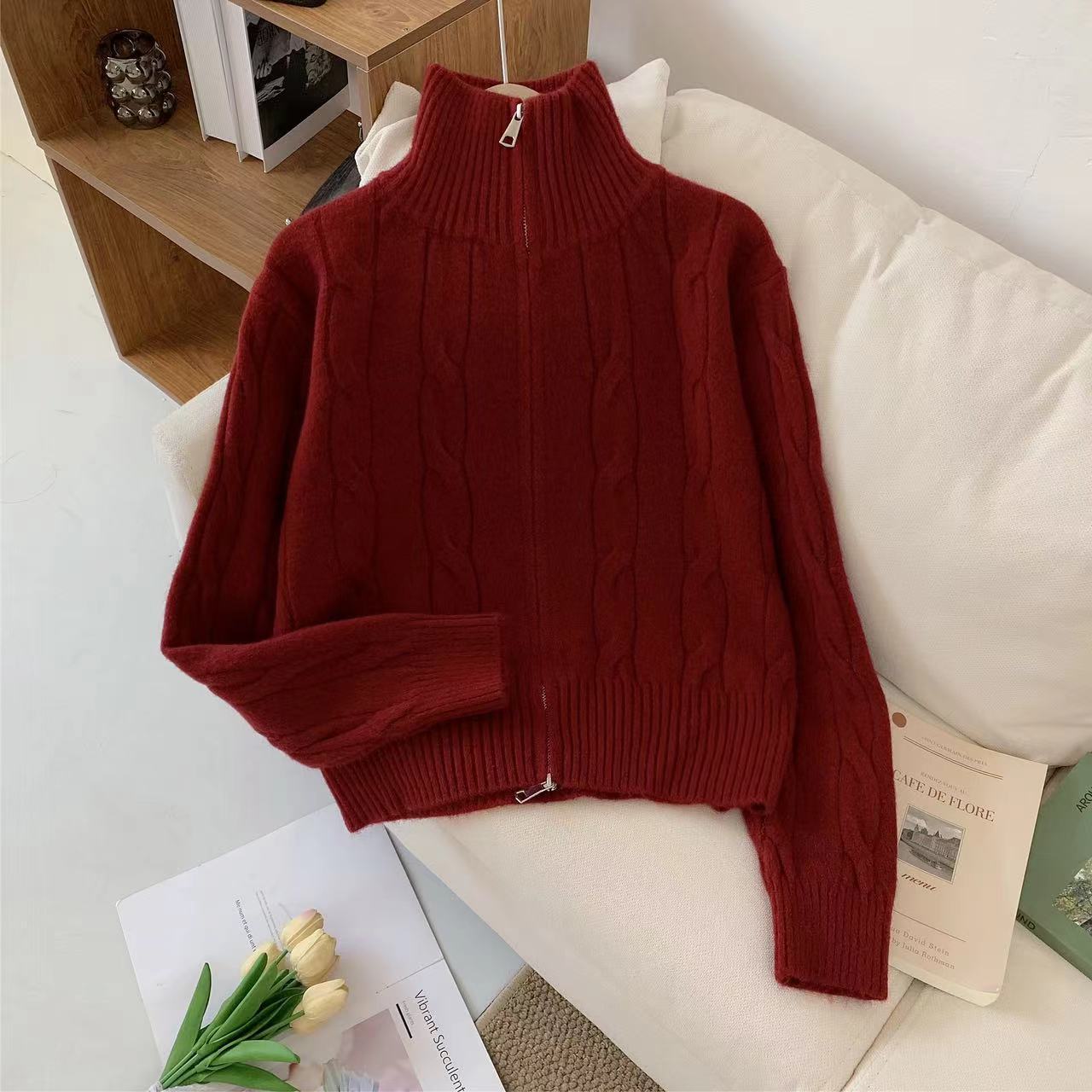 

Весна и осень новый женский свободный универсальный вязаный кардиган свитер куртка с двойной молнией One Size темно-красного