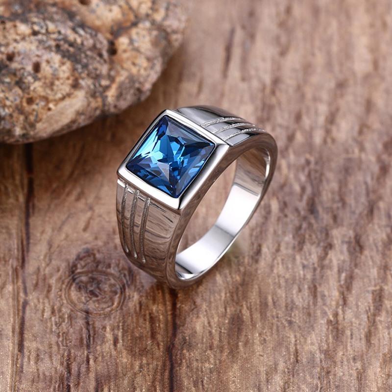 

Stylish Men Signet Rings Stainless Steel Statement Ring with Rectangle Blue Stone anel masculino 10