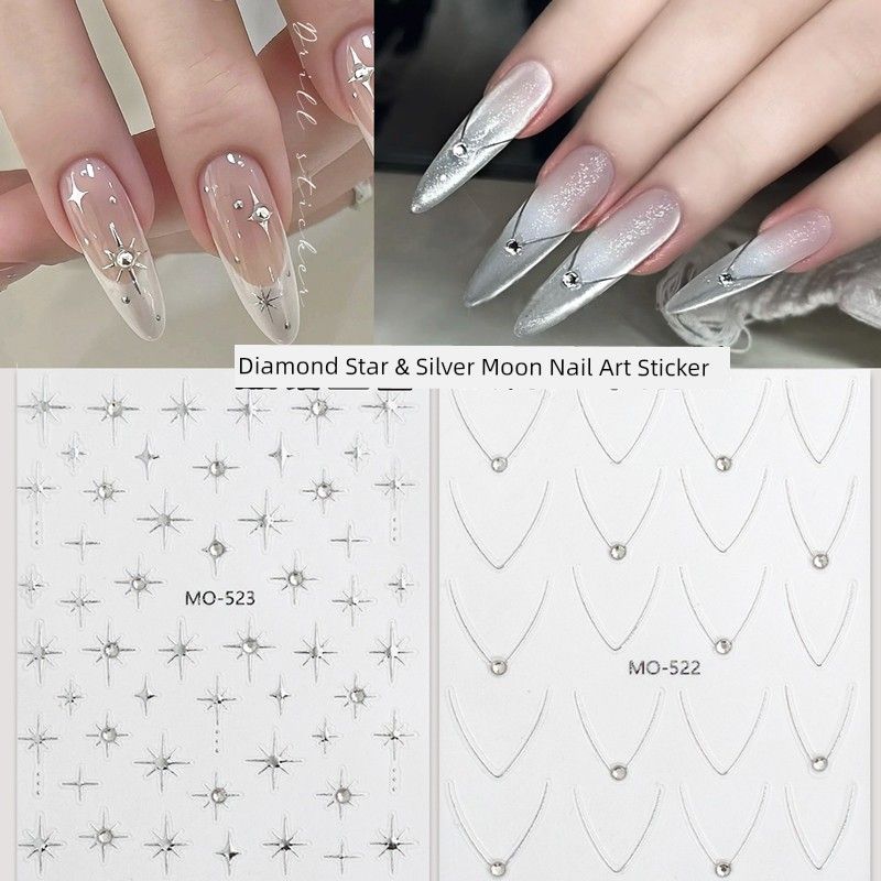 

Silver Moon Judge French Nail Sticker Relief Three-Dimensional 2025 New Arrival Asterism Rhinestone-Encrusted Gold and Silver Color Nail Sticker One for each of the 4 sections