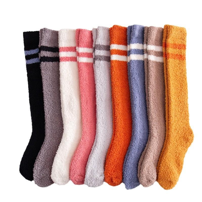 5/10 Pairs Casual Coral Velvet Socks for Women No Shedding Two Stripes Calf Length Socks Knee High Women's Socks Warm Long Socks Home Socks