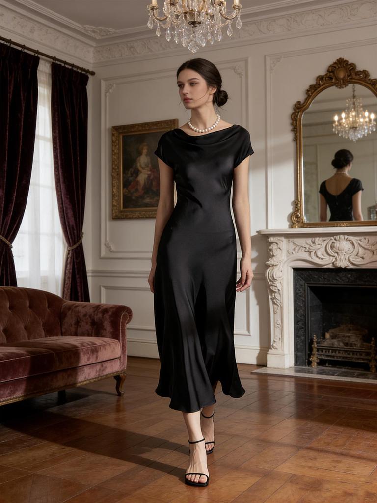 Elegant Haute Couture French Acetate Evening Gown with Draped Neckline