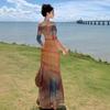 French Spice Girl Sunset Tie-dye Dyeing Neck Printed Mesh Dress Women's Spring and Autumn Slim-fitting Waist Skinny Holiday Dress