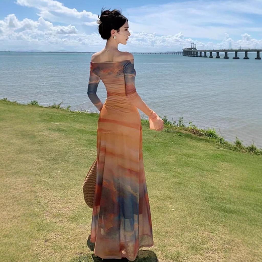 French Spice Girl Sunset Tie-dye Dyeing Neck Printed Mesh Dress Women's Spring and Autumn Slim-fitting Waist Skinny Holiday Dress