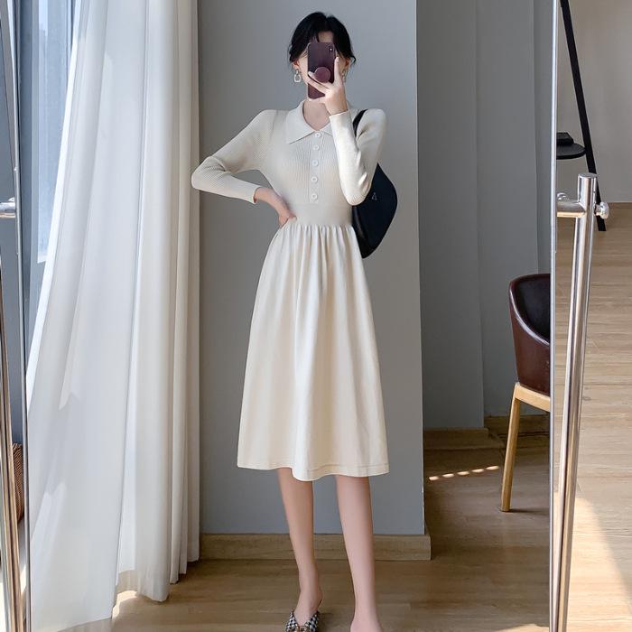 

2025 Autumn/Winter Elegant Polo Collar Knit Dress for Women - Petite Wool Inner Wear One Size абрикосовый