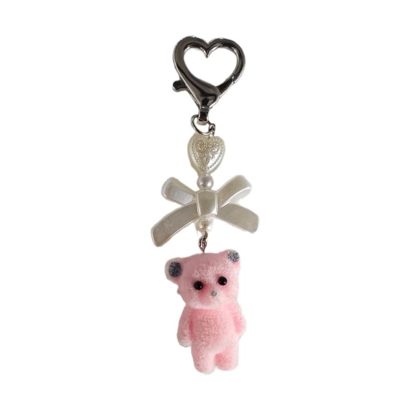 Cute fuzzy kitty cat heart bow keychain Plush Bear kitten doll kawaii bow pearl heart Keyring Backpack Bag Pendant for Women