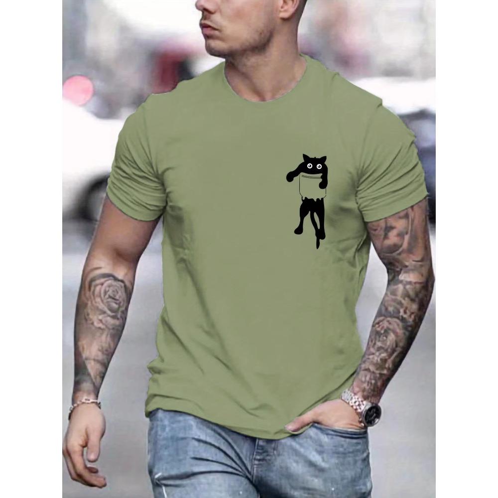 Cat Round Neck T-shirts, Causal Graphic Tees, Short Sleeves Slim Fit Tops, Men's Summer Clothing