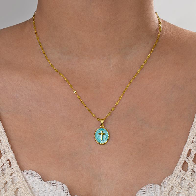 Stainless Steel Cross Pendant Necklace for Women Men Simple Round Colorful Drop Oil Necklace Vintage Punk Versatile Jewelry Gift