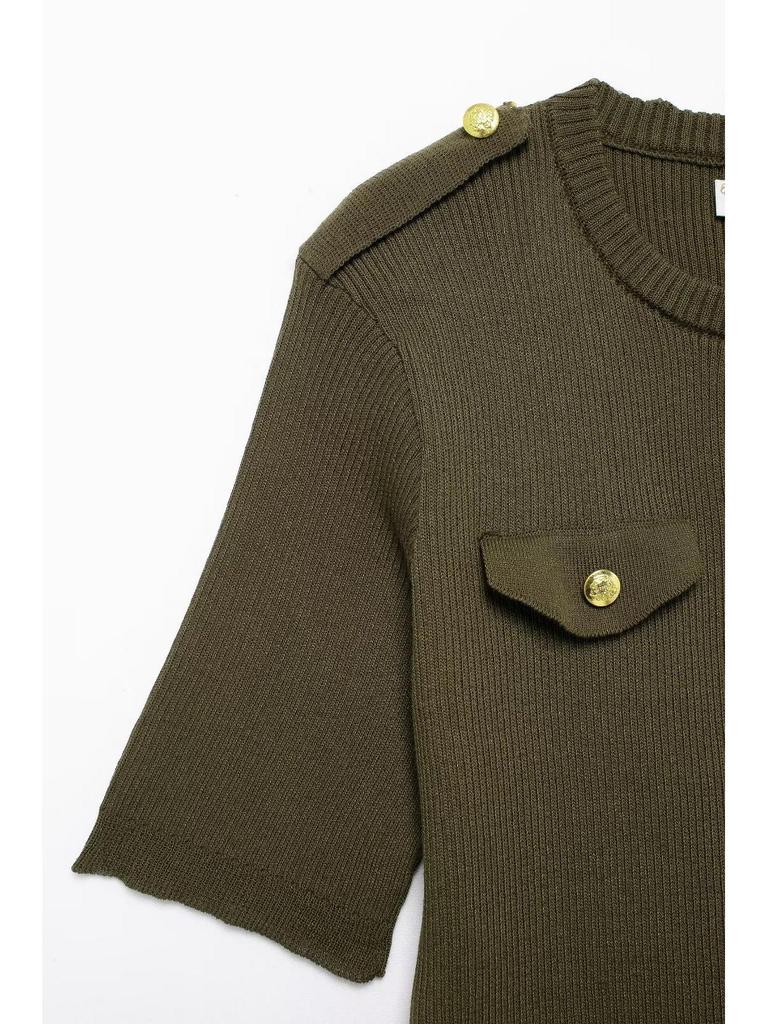 2024 Autumn Women's Military Green Ribbed Knit Button-Up Dress