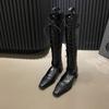Autumn and Winter New Fashion Versatile and Genuine Feeling Retro Square Headed Dark European and American Hollow Strap Boots