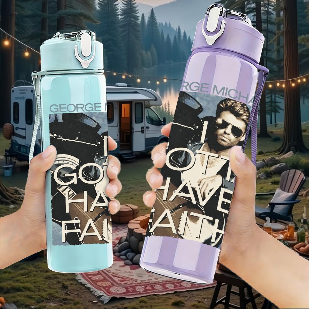 1PC Male Singer Band Vintage Portrait Print 750ml Colorful Plastic Sports Water Bottle Leakproof Pop Up Lid with Straw for Outdoor Work Home Use