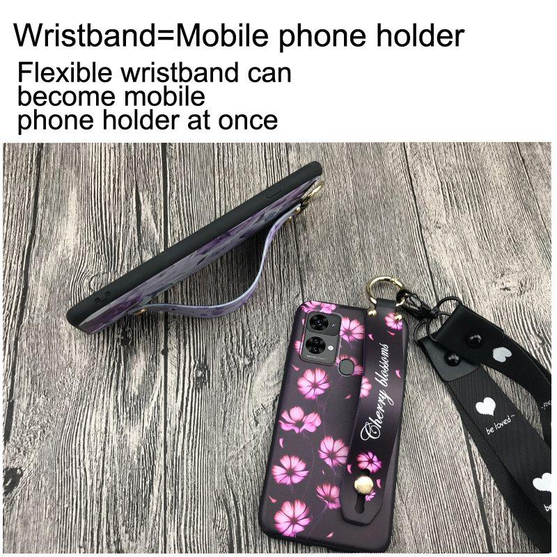 Ring Dirt-resistant Phone Case For Oukitel C33 Fashion Design Wrist Strap Lanyard Phone Holder Kickstand Silicone Flower
