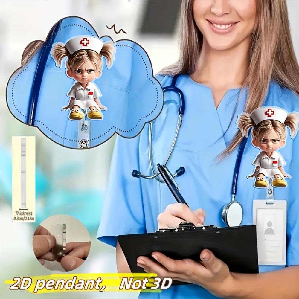 2D Flat Acrylic Cartoon Nurse & Doctor Card Holder, Retractable Badge Reel, Hospital ID Badge & Chest Pin for Doctors & Nurses