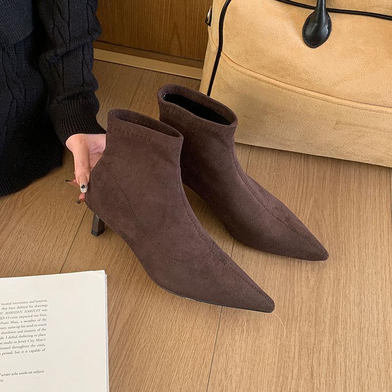Mode Mode Spitzschuh Moderne Damen Stiefeletten Schuhe Sexy Flock Damen Kurze Stretch Stiefel Mit Weiblichen Niedrigen Absatz Pumps Schuhe