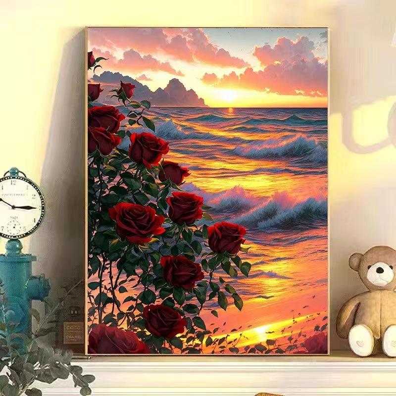 DIY Diamond Sticker Rose Flower Handmade Point Diamond Cure Decompression Sailboat Flower Bloom Living Room Bedroom Decorative Painting