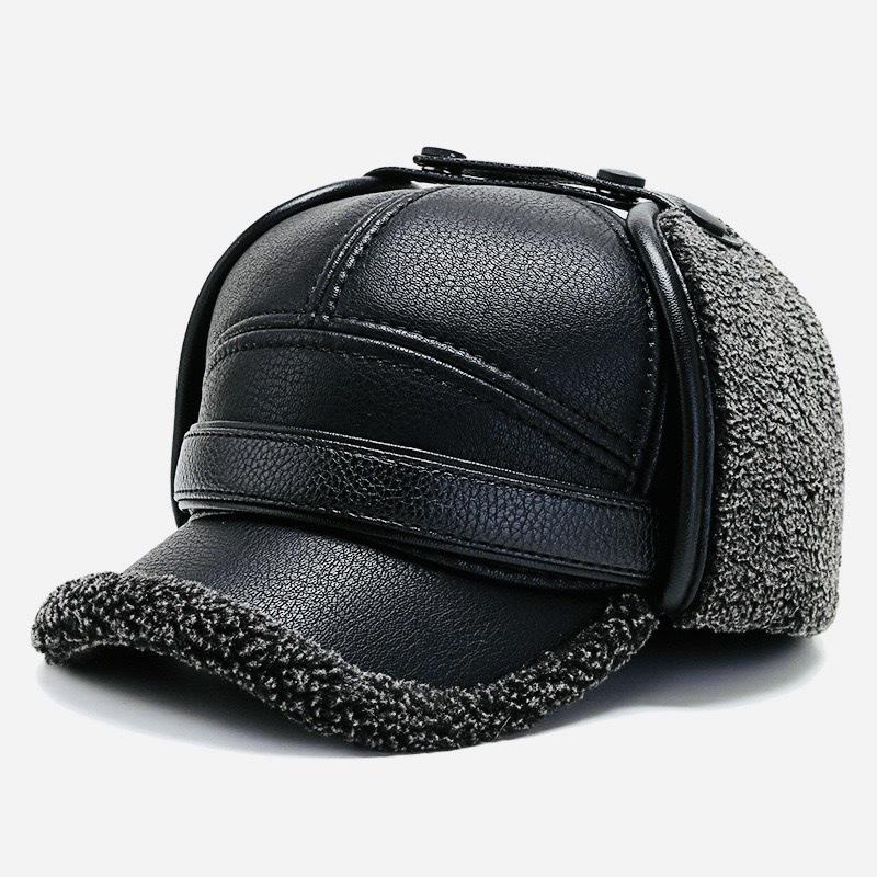 Chapéu de Inverno de Couro com Lã para Homens de Meia-Idade e Idosos - Boina à Prova de Vento e Protetora de Orelhas