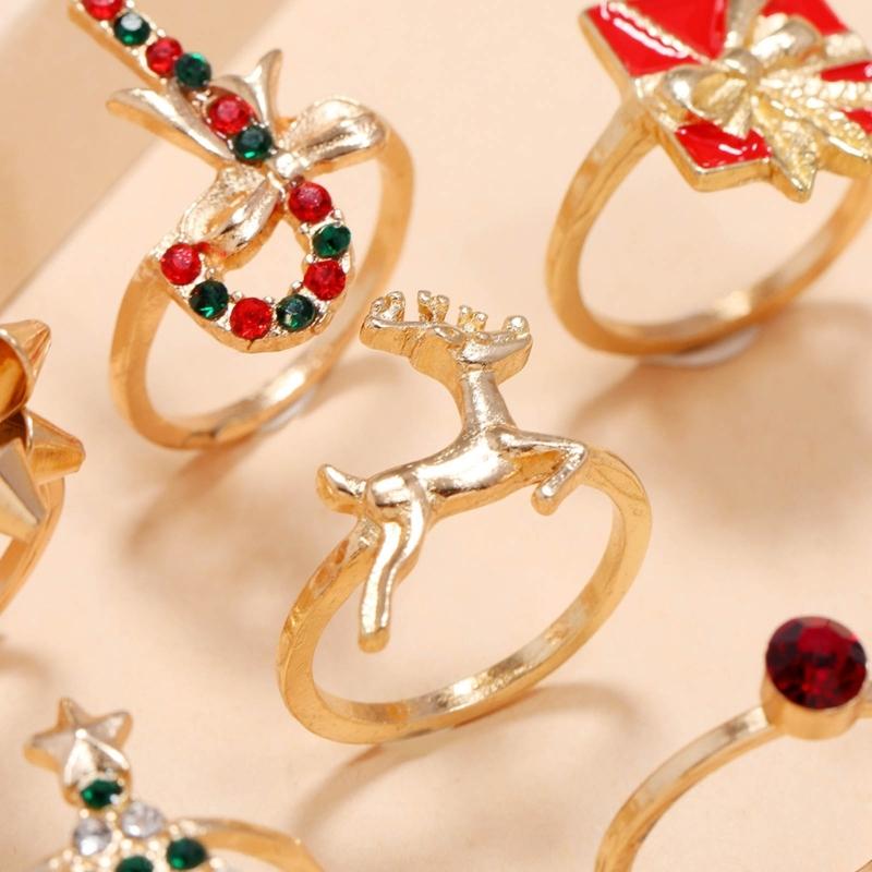 8pcs Christmas Charm Rings Gold Color Enamel Rings Santa Clause Reindeer Decors