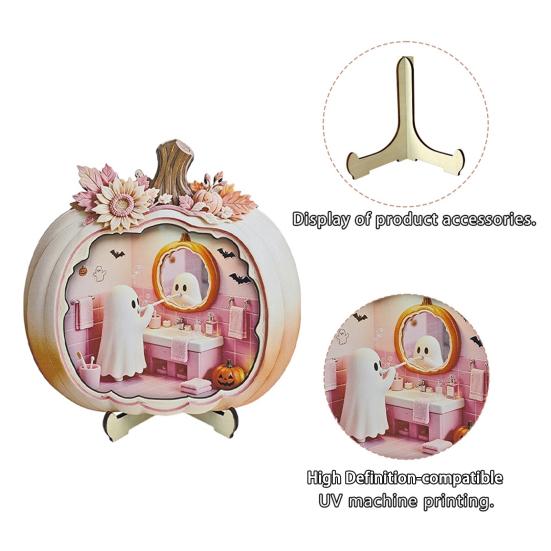 Cute Pastel Pumpkin Ornament Halloween Ghost Wooden Plaque, 2D Flat Tabletop Sign, Desktop Festive Home Accessory Spooky Bathing Reading for