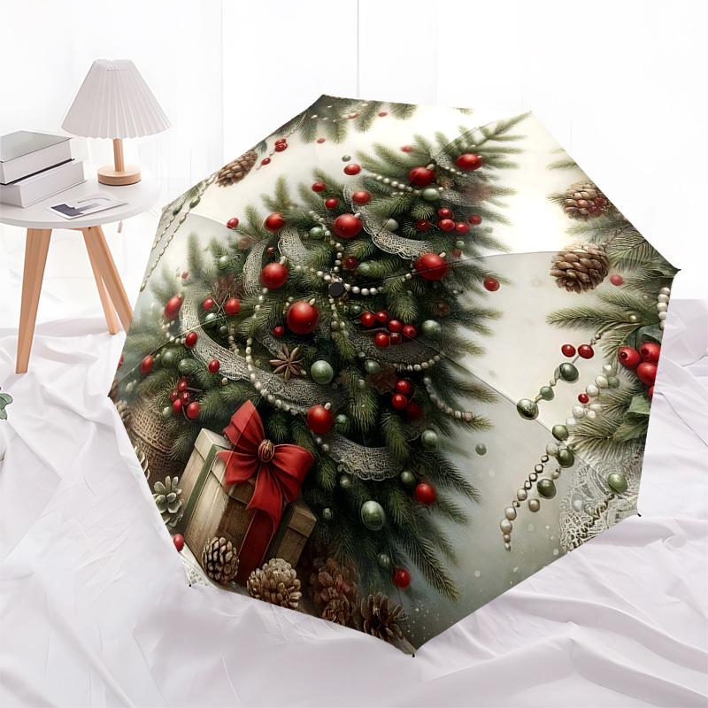1pc Christmas Tree with Presents and Berries, Auto Open Close Umbrella, Portable Tri-Fold Design, 8-Bone Iron Frame Outdoor Umbrella, Festive Gift for