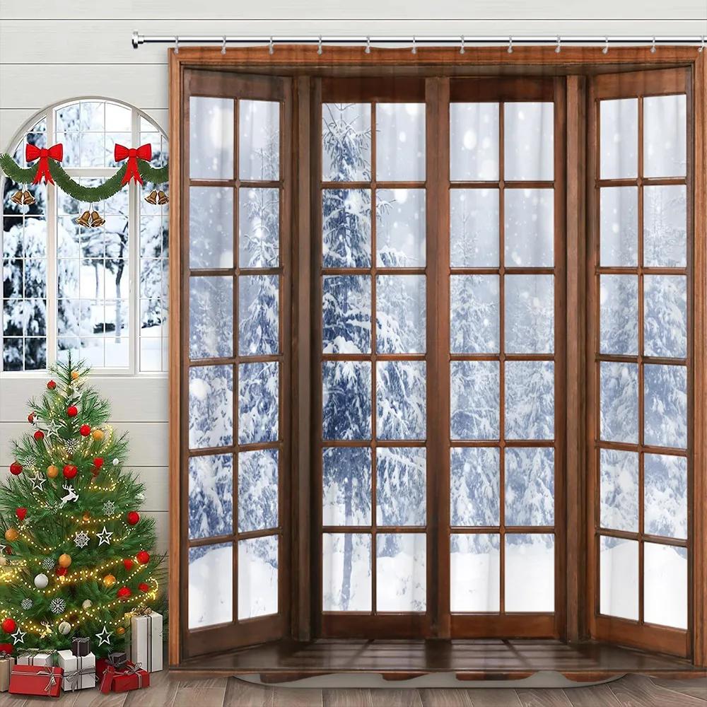 

Winter Shower Curtain Snowy Window View Jungle Snowflake Farm Christmas Home Polyester Fabric Bathroom Decor Curtain With Hooks W60H190(CM)-1 Pcs