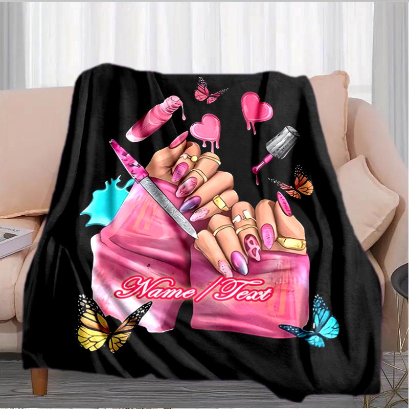 1PC Custom Name Nail Art outdooor Flannel blankets Throw Blanket All-Season Throw Gift Bedspread for Couch, Bed, Camping Holiday Birthday gift