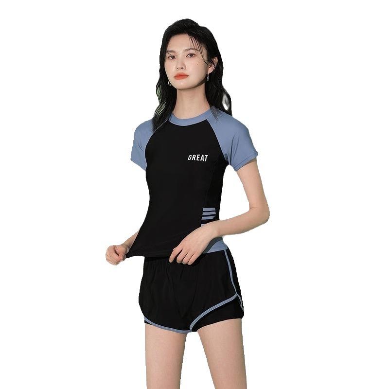 Dam Badkläder Patchwork Kortärmad Badkläder Sport Pool Strandkläder Tvådelad Badkläder Med Shorts