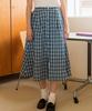 COTTON BELL Button Placket Flare Skirt - Blue Check
