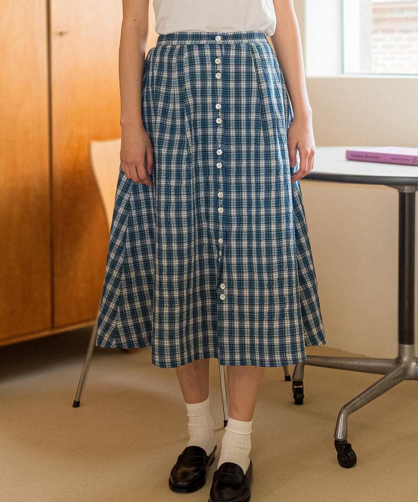 COTTON BELL Button Placket Flare Skirt - Blue Check