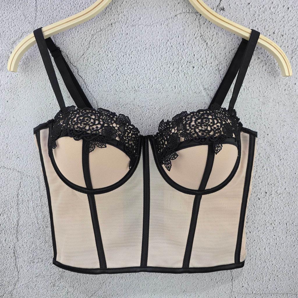 Versatile Fitted French-style Bra Tank Top Slimming Bra with A Waist-cinching Design Ultra-thin Contrasting Lace Sensual Style Corset Tank Tops