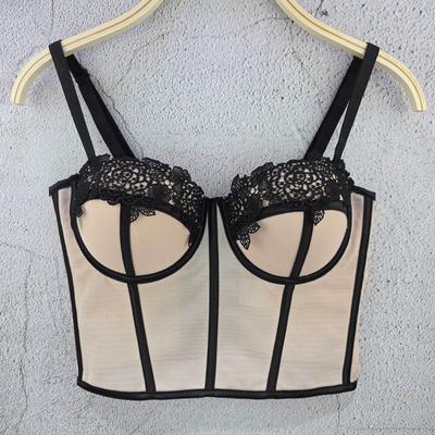 Vielseitiges figurbetontes Tanktop im französischen Stil, schlankmachender BH mit taillenformendem Design, ultrafeine kontrastierende Spitze, sinnlicher Stil, Korsett-Tanktops