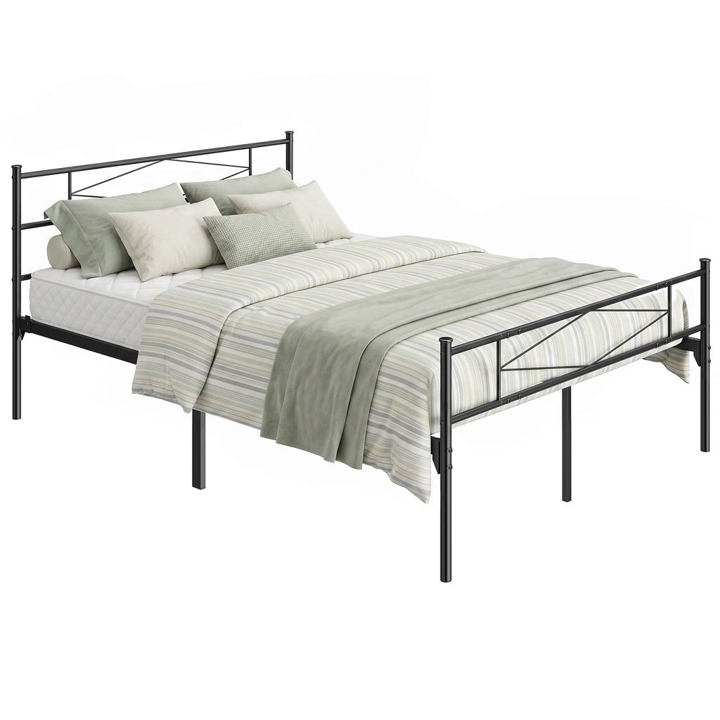 4ft6 Double Bed Frame with Headboard and Footboard, Metal Platform Bed Frame with 32 cm Underbed Storage, Black