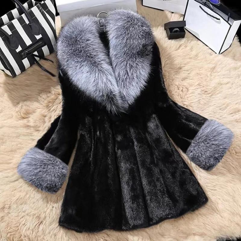 Office Lady Commute Coat Elegant Imitation Fur Hair Collar Splicing V Neck Nine-quarter Sleeves Warm FurJackets Coat For Women