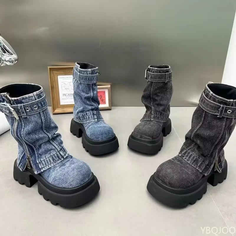 Mode Printemps et Automne Nouvelle Jean Épais Semelle Haute Bottines Courtes pour Femmes Boucle de Ceinture Fermeture Éclair Pantalon Fausse Pièce en Deux Parties Bottes pour Femmes