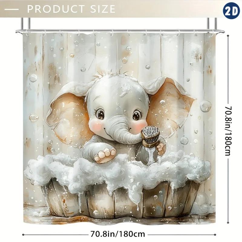 1pc Cute Elephant Bathtub Shower Curtain with Hooks, 70.8x70.8 Inch, Durable Polyester, Easy to Clean, Whimsical Cartoon Design