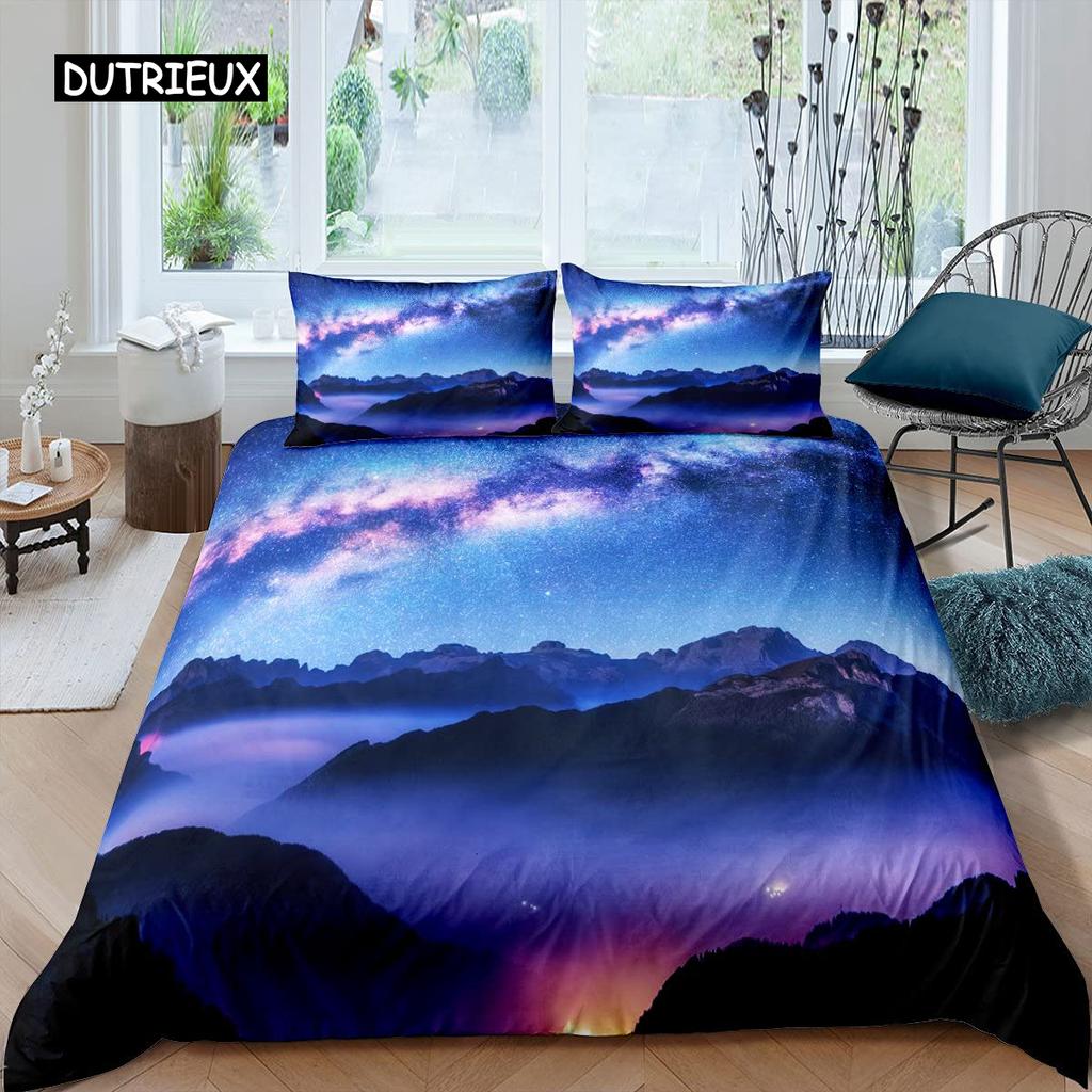 Smoky Mountain Duvet Cover Set Pine Trees Comforter Cover Boys Landscape Quilt Cover Natural Scenery Art Polyester Bedding Set